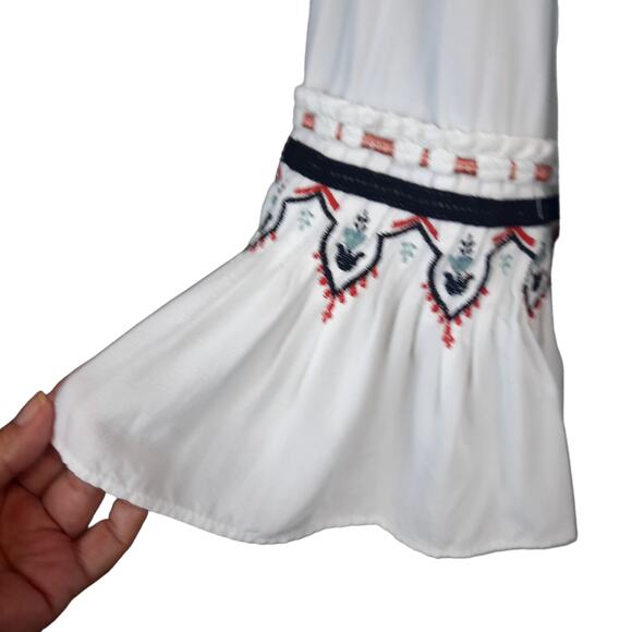 LOFT VISCOSE WOMEN'S L TOP WHITE EMBROIDERY 3/4 BELL SLEEVE PHEASANT BOHO - Picture 3 of 12